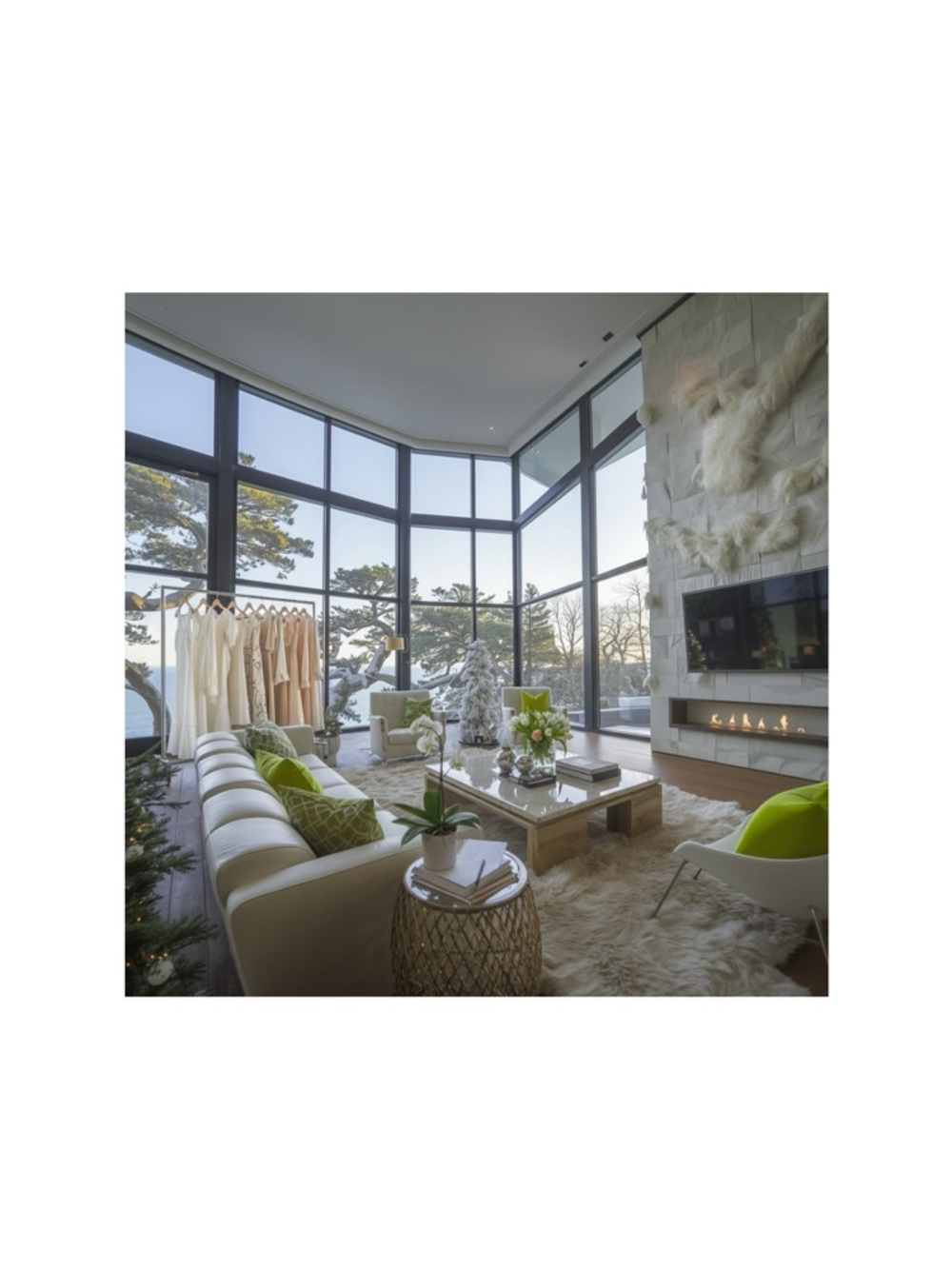 Modern White Home  digital Art Print with Green Accents -